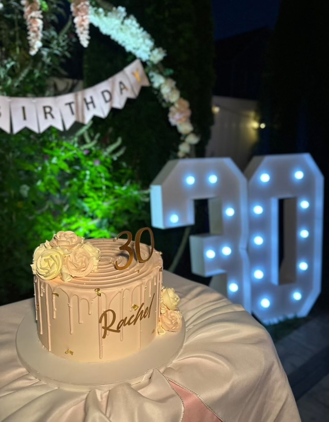 30th birthday cake with ring backdrop and illuminated 30