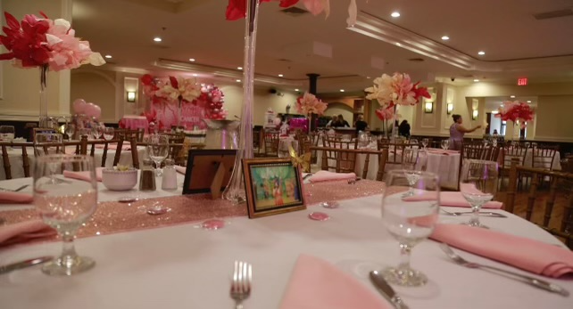 Ballroom decorated with blush and pink